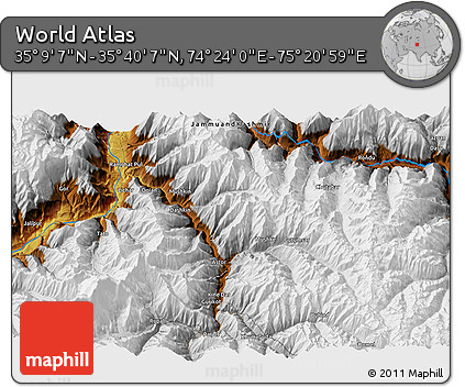 Physical 3D Map of the Area around 35° 24' 37" N, 74° 52' 30" E