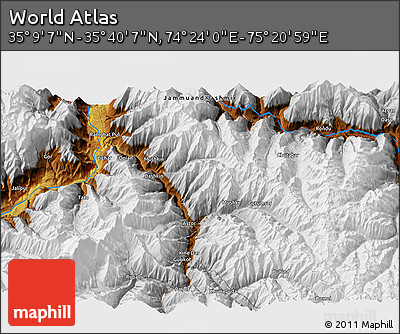 Physical 3D Map of the Area around 35° 24' 37" N, 74° 52' 30" E