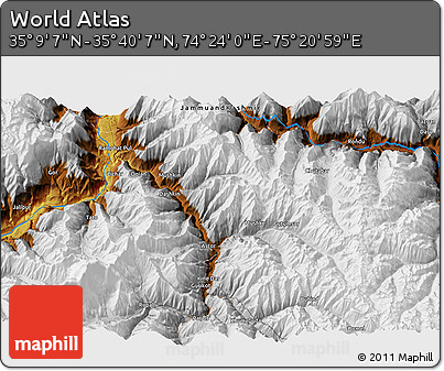 Physical 3D Map of the Area around 35° 24' 37" N, 74° 52' 30" E