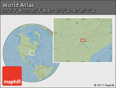 Savanna Style Location Map of the Area around 35° 24' 37" N, 83° 13' 29" W, hill shading
