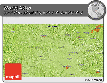 Physical 3D Map of the Area around 35° 24' 37" N, 87° 28' 29" W