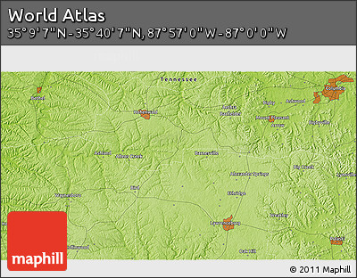 Physical 3D Map of the Area around 35° 24' 37" N, 87° 28' 29" W