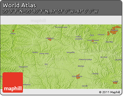 Physical 3D Map of the Area around 35° 24' 37" N, 87° 28' 29" W