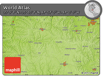 Physical Map of the Area around 35° 24' 37" N, 87° 28' 29" W