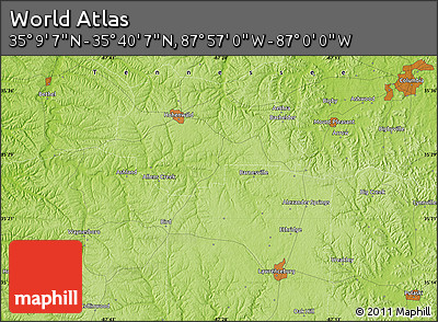 Physical Map of the Area around 35° 24' 37" N, 87° 28' 29" W