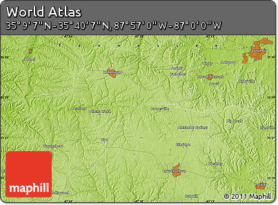 Physical Map of the Area around 35° 24' 37" N, 87° 28' 29" W