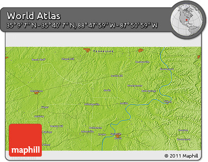 Physical 3D Map of the Area around 35° 24' 37" N, 88° 19' 29" W