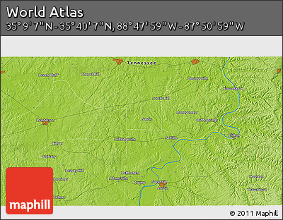 Physical 3D Map of the Area around 35° 24' 37" N, 88° 19' 29" W