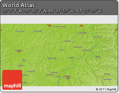 Physical 3D Map of the Area around 35° 24' 37" N, 88° 19' 29" W