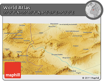 Physical 3D Map of the Area around 35° 24' 37" N, 8° 34' 29" E