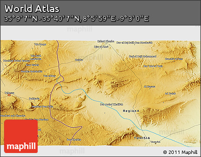 Physical 3D Map of the Area around 35° 24' 37" N, 8° 34' 29" E