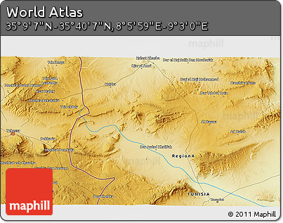 Physical 3D Map of the Area around 35° 24' 37" N, 8° 34' 29" E
