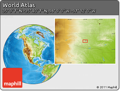 Physical Location Map of the Area around 35° 24' 37" N, 97° 40' 30" W
