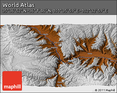 Physical 3D Map of the Area around 35° 52' 19" N, 102° 4' 29" E