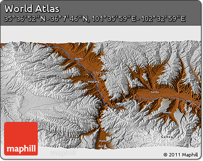 Physical 3D Map of the Area around 35° 52' 19" N, 102° 4' 29" E