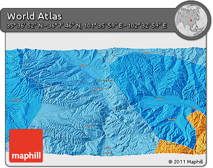 Political 3D Map of the Area around 35° 52' 19" N, 102° 4' 29" E