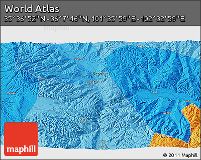 Political 3D Map of the Area around 35° 52' 19" N, 102° 4' 29" E
