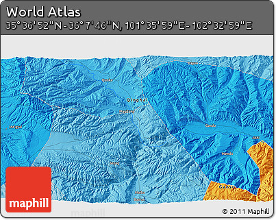 Political 3D Map of the Area around 35° 52' 19" N, 102° 4' 29" E