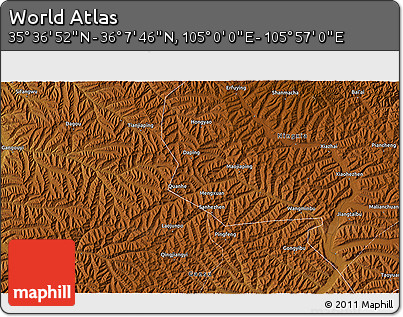 Physical 3D Map of the Area around 35° 52' 19" N, 105° 28' 29" E