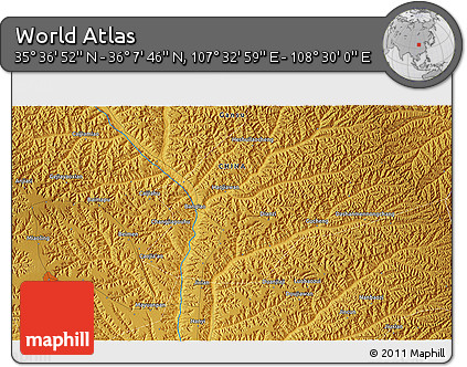 Physical 3D Map of the Area around 35° 52' 19" N, 108° 1' 30" E
