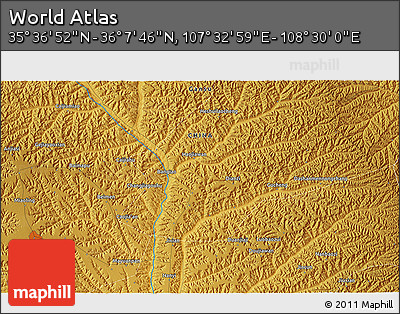 Physical 3D Map of the Area around 35° 52' 19" N, 108° 1' 30" E