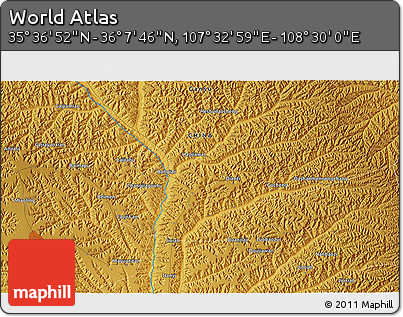 Physical 3D Map of the Area around 35° 52' 19" N, 108° 1' 30" E