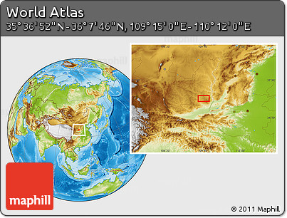 Physical Location Map of the Area around 35° 52' 19" N, 109° 43' 29" E