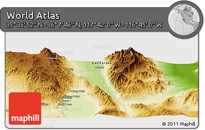 Physical Panoramic Map of the Area around 35° 52' 19" N, 117° 13' 29" W