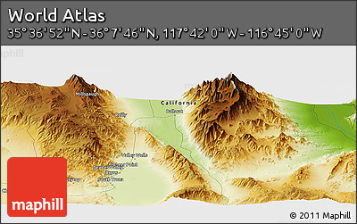 Physical Panoramic Map of the Area around 35° 52' 19" N, 117° 13' 29" W