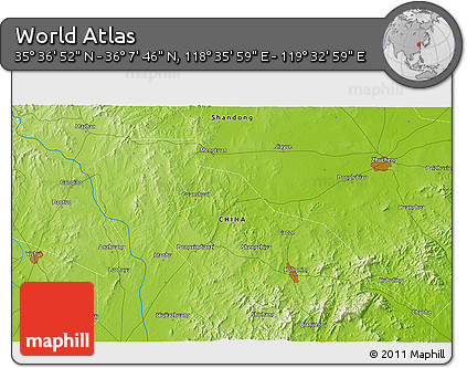 Physical 3D Map of the Area around 35° 52' 19" N, 119° 4' 29" E
