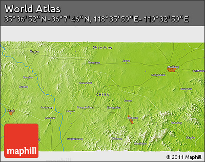 Physical 3D Map of the Area around 35° 52' 19" N, 119° 4' 29" E