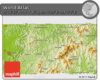 Physical 3D Map of the Area around 35° 52' 19" N, 127° 34' 30" E
