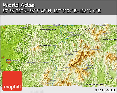 Physical 3D Map of the Area around 35° 52' 19" N, 127° 34' 30" E