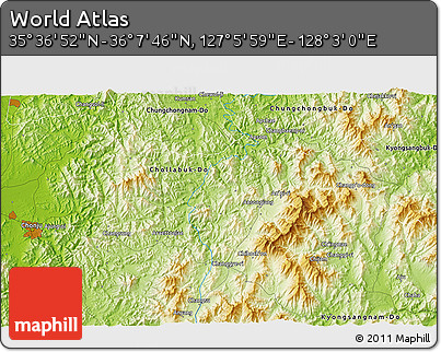 Physical 3D Map of the Area around 35° 52' 19" N, 127° 34' 30" E