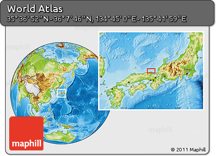 Physical Location Map of the Area around 35° 52' 19" N, 135° 13' 29" E