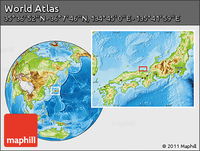 Physical Location Map of the Area around 35° 52' 19" N, 135° 13' 29" E