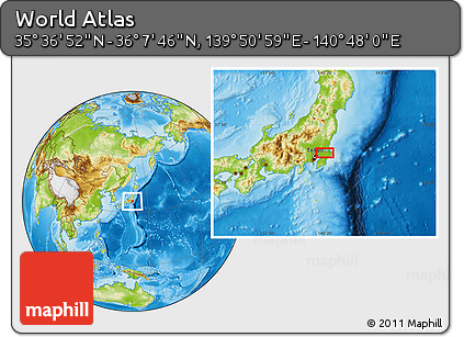 Physical Location Map of the Area around 35° 52' 19" N, 140° 19' 29" E