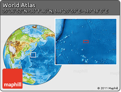 Physical Location Map of the Area around 35° 52' 19" N, 148° 49' 29" E