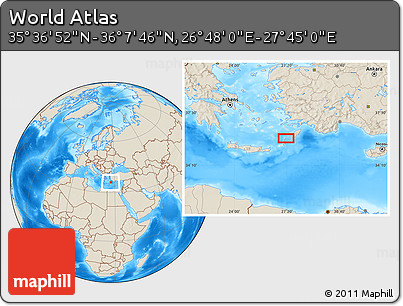 Shaded Relief Location Map of the Area around 35° 52' 19" N, 27° 16' 29" E