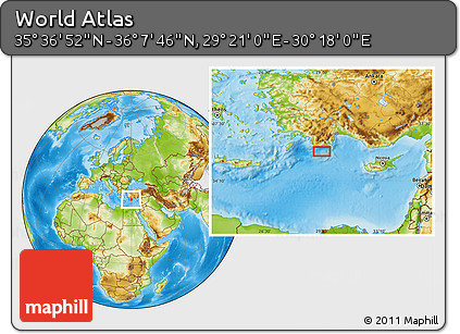 Physical Location Map of the Area around 35° 52' 19" N, 29° 49' 30" E