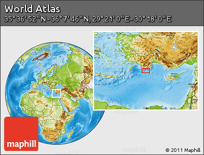 Physical Location Map of the Area around 35° 52' 19" N, 29° 49' 30" E