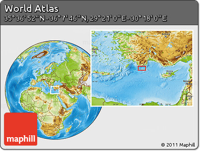 Physical Location Map of the Area around 35° 52' 19" N, 29° 49' 30" E