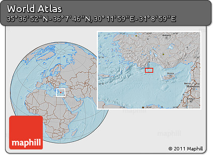 Gray Location Map of the Area around 35° 52' 19" N, 30° 40' 29" E, hill shading