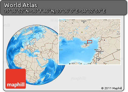 Shaded Relief Location Map of the Area around 35° 52' 19" N, 34° 4' 30" E