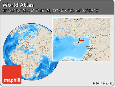 Shaded Relief Location Map of the Area around 35° 52' 19" N, 34° 4' 30" E
