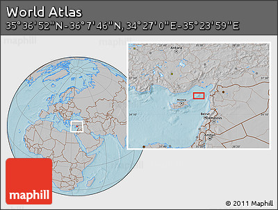 Gray Location Map of the Area around 35° 52' 19" N, 34° 55' 29" E, hill shading