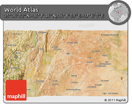 Satellite 3D Map of the Area around 35° 52' 19" N, 36° 37' 30" E