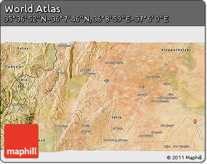 Satellite 3D Map of the Area around 35° 52' 19" N, 36° 37' 30" E