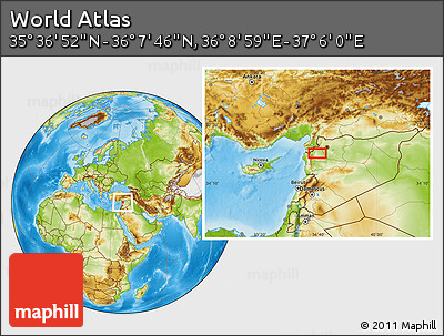 Physical Location Map of the Area around 35° 52' 19" N, 36° 37' 30" E