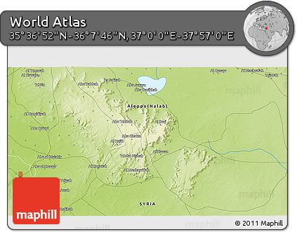 Physical 3D Map of the Area around 35° 52' 19" N, 37° 28' 30" E